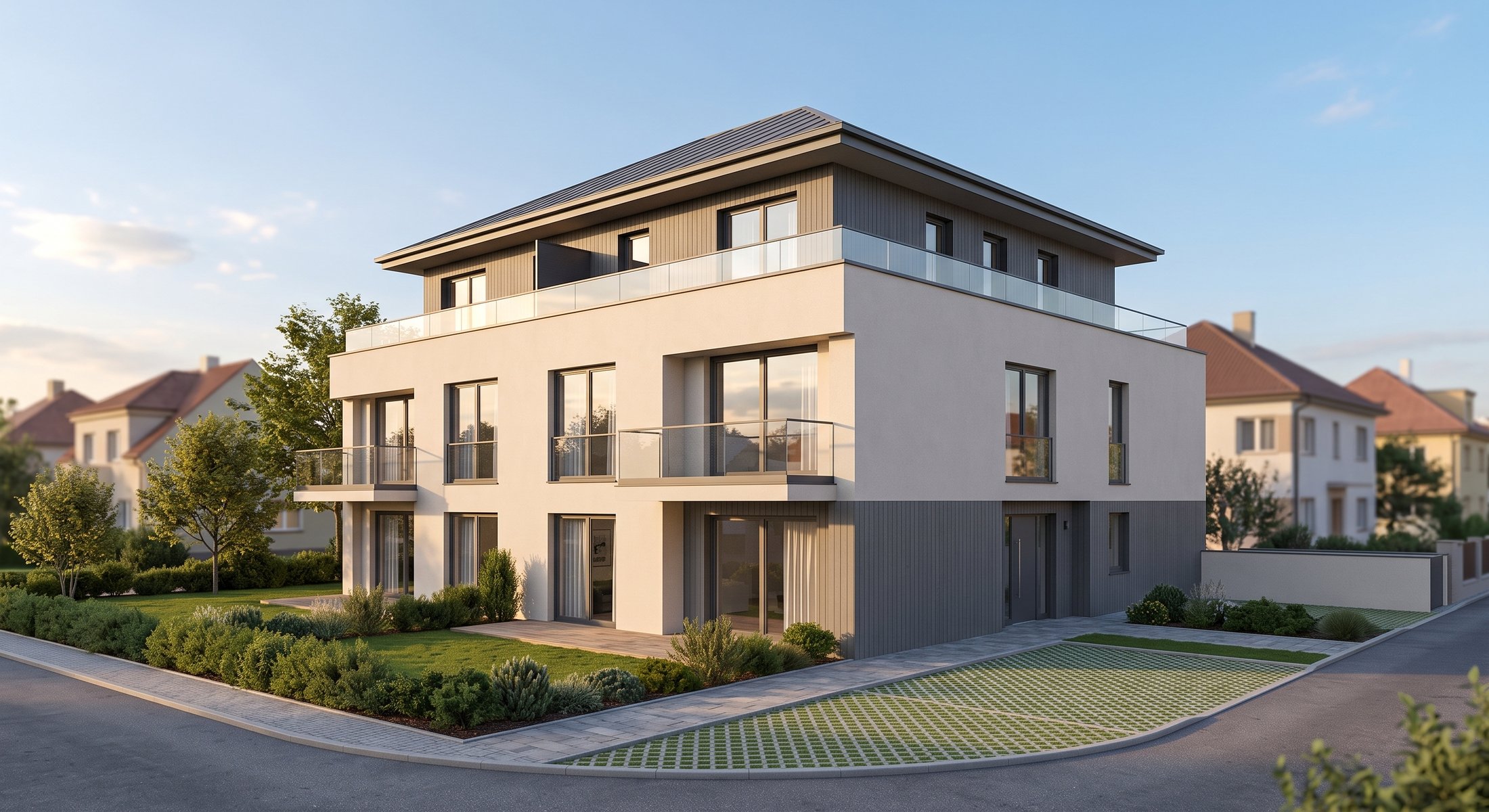Vizualizace novostavby Vila dům Strašnice, pohled z ulice na rohovou parcelu se zahradou